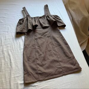 Valfre tan brown houndstooth ruffle sleeveless mini dress
